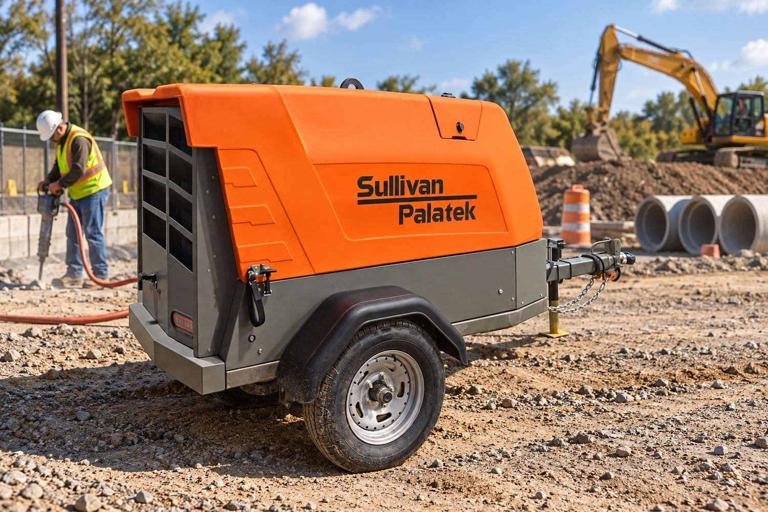 Rear three-quarter view of a Sullivan-Palatek portable diesel compressor at a construction site